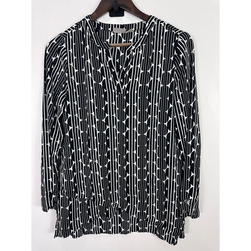 Chico's Blouse Womens 0 /XS Black White Geometric Stripe Split Neck Long Sleeve
